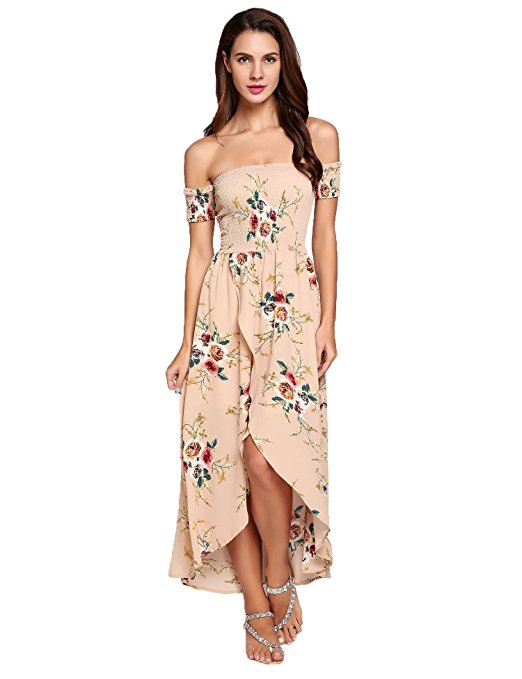 Asatr Women's Boho Off Shoulder Sleeve Floral Print Split Flowy Party Maxi Dress
